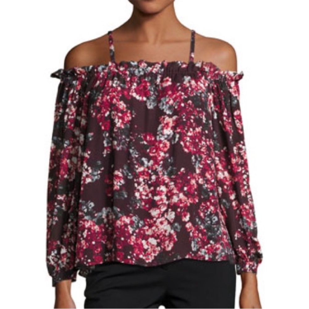 New Parker Red Floral Print Silk Cold Shoulder Lined Blouse Size XS
